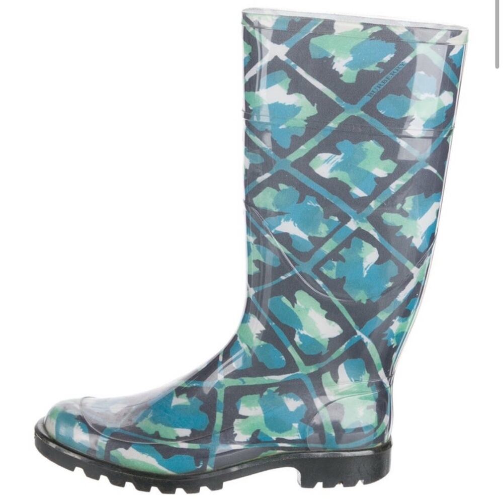 Burberry Blue and Green Watercolor Patterned Rain Boots Size 10